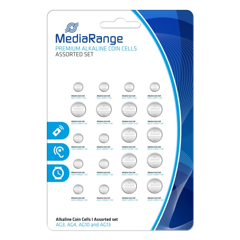MediaRange Premium Alkaline Coin Cells Assorted set AG3|AG4|AG10|AG13 Pack 20 (MRBAT119) MediaRange Premium Alkaline Coin Cells Assorted set AG3|AG4|AG10|AG13 Pack 20 (MRBAT119)