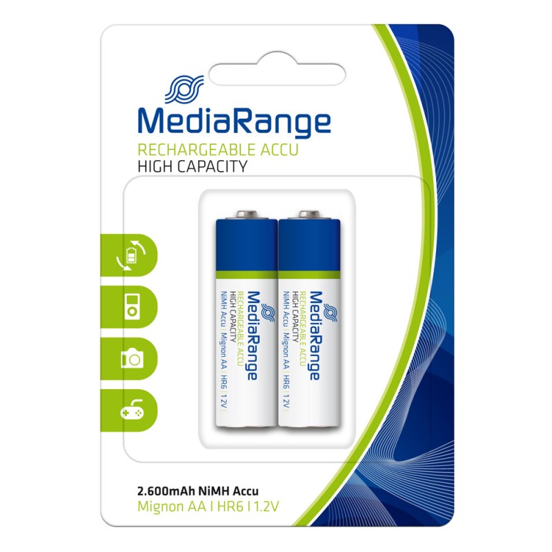 MediaRange High Capacity Rechargeable NiMH Accus Mignon AA|HR6|1.2V Pack 2 (MRBAT123) MediaRange High Capacity Rechargeable NiMH Accus Mignon AA|HR6|1.2V Pack 2 (MRBAT123)