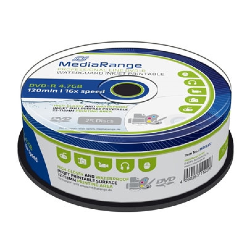 MediaRange DVD-R 120' 4.7GB 16x Inkjet fullsurf. print., Waterguard white, High-glossy, Waterproof, Wide sput. (MRPL612) MediaRange DVD-R 120' 4.7GB 16x Inkjet fullsurf. print., Waterguard white, High-glossy, Waterproof, Wide sput. (MRPL612)