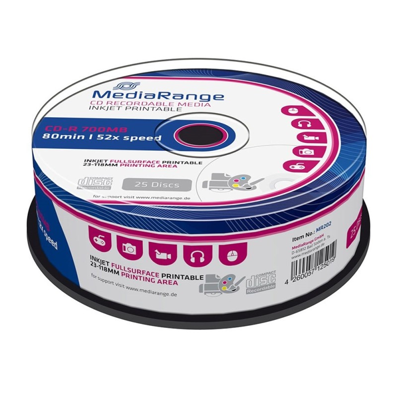 MediaRange CD-R 80' 700MB 52x Inkjet Fullsurface Printable Cake x 25 (MR202)