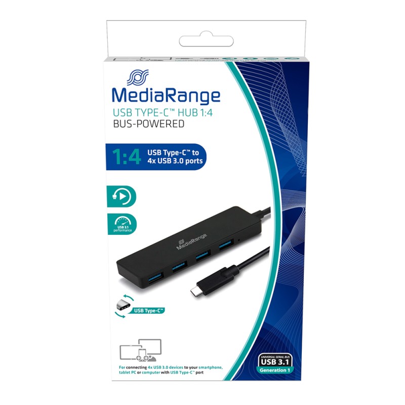 MediaRange USB Type-C™ to USB 3.0 hub 1:4, bus-powered, black (MRCS508) MediaRange USB Type-C™ to USB 3.0 hub 1:4, bus-powered, black (MRCS508)