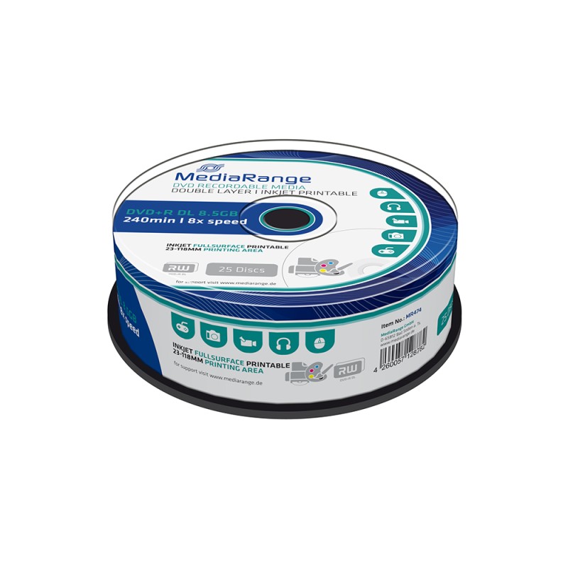 MediaRange DVD+R Double Layer 240' 8.5GB 8x Inkjet Fullsurface Printable Cake Box x 25 (MR474) MediaRange DVD+R Double Layer 240' 8.5GB 8x Inkjet Fullsurface Printable Cake Box x 25 (MR474)