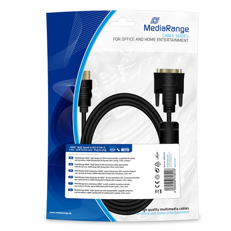 Καλώδιο MediaRange HDMI to DVI connection, gold-plated, with ferrite core, HDMI plug /DVI-D plug (24+1 Pin), 2.0m, black (MRCS132) Καλώδιο MediaRange HDMI to DVI connection, gold-plated, with ferrite core, HDMI plug /DVI-D plug (24+1 Pin), 2.0m, black (MRCS132)