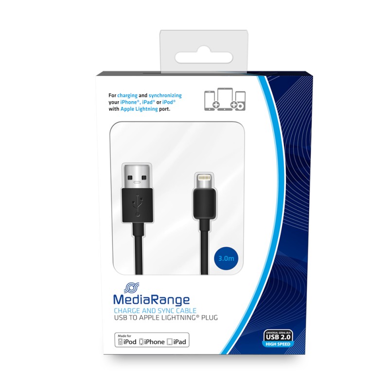Καλώδιο MediaRange Charge and sync, USB 2.0 to Apple Lightning® plug, 3.0m, black (MRCS180) Καλώδιο MediaRange Charge and sync, USB 2.0 to Apple Lightning® plug, 3.0m, black (MRCS180)