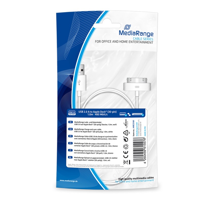Καλώδιο MediaRange Charge and sync, USB 2.0 to Apple Dock® (30-pin) plug, 1.0m, white (MRCS181) Καλώδιο MediaRange Charge and sync, USB 2.0 to Apple Dock® (30-pin) plug, 1.0m, white (MRCS181)