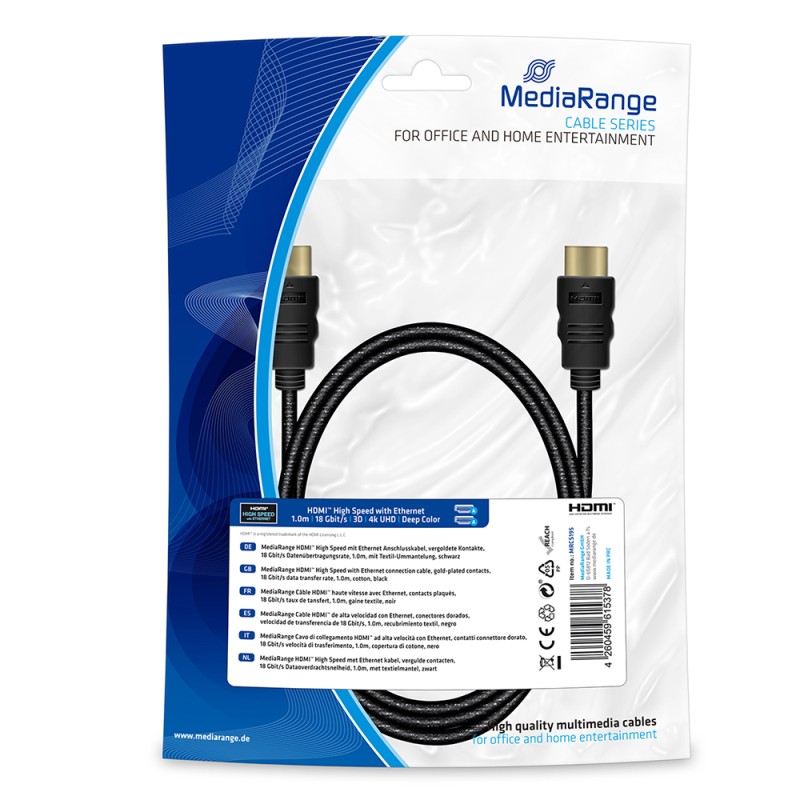 Καλώδιο MediaRange HDMI High Speed with Ethernet connection, gold-plated contacts, 18 Gbit/s data transfer rate, 1.0m, cotton, black (MRCS195) Καλώδιο MediaRange HDMI High Speed with Ethernet connection, gold-plated contacts, 18 Gbit/s data transfer rate, 1.0m, cotton, black (MRCS195)