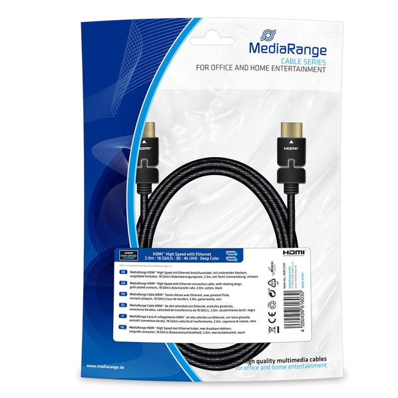 Καλώδιο MediaRange HDMI High Speed with Ethernet connection, with rotating plugs, gold-plated contacts, 18 Gbit/s data transfer rate, 2.0m, cotton, black (MRCS197) Καλώδιο MediaRange HDMI High Speed with Ethernet connection, with rotating plugs, gold-plated contacts, 18 Gbit/s data transfer rate, 2.0m, cotton, black (MRCS197)