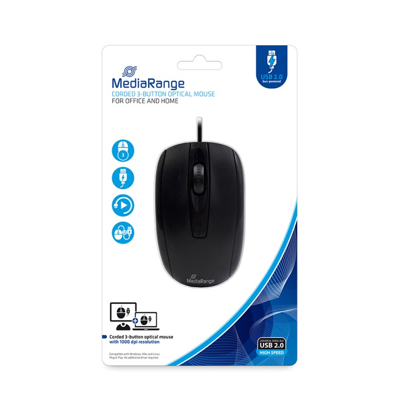 MediaRange Optical Mouse Corded 3-Button (Black, Wired) (MROS211) MediaRange Optical Mouse Corded 3-Button (Black, Wired) (MROS211)