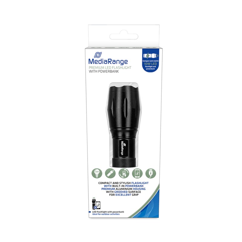 MediaRange LED flashlight with powerbank, 1.800mAh battery, black (MR735) MediaRange LED flashlight with powerbank, 1.800mAh battery, black (MR735)