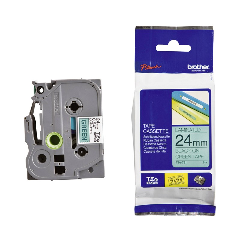 Brother TZe-751 Labelling Tape Cassette – Black on Green, 24mm wide (TZE751) (BROTZE751) Brother TZe-751 Labelling Tape Cassette – Black on Green, 24mm wide (TZE751) (BROTZE751)
