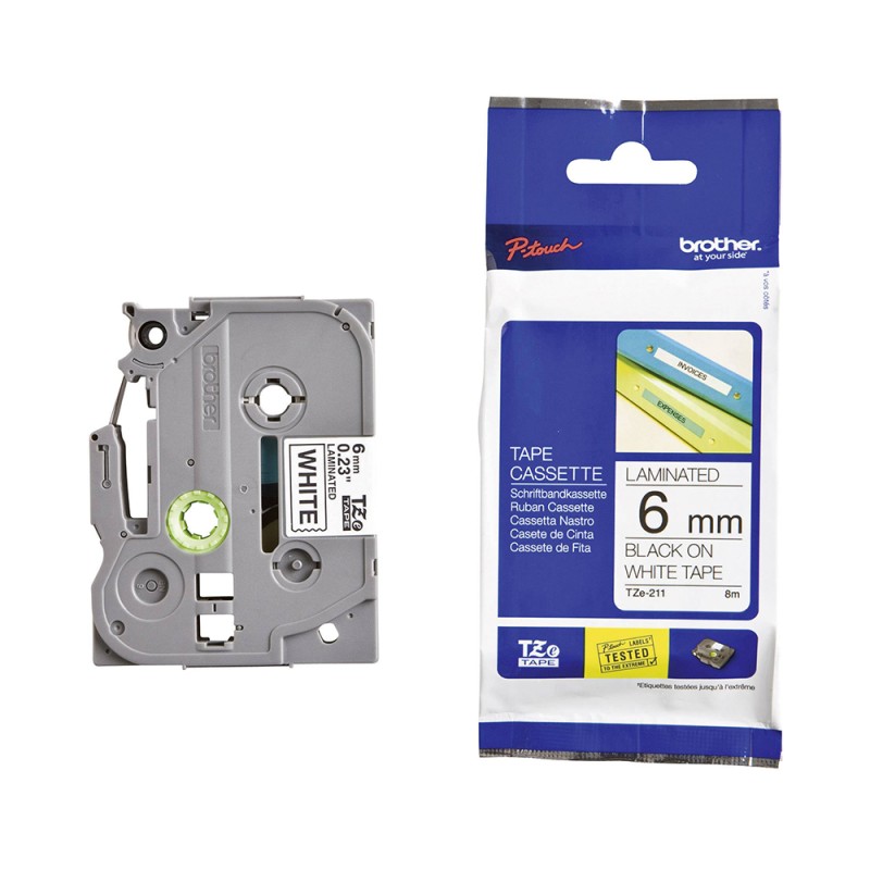 Brother TZe-211 Labelling Tape Cassette – Black on White, 6mm wide (TZE211) (BROTZE211) Brother TZe-211 Labelling Tape Cassette – Black on White, 6mm wide (TZE211) (BROTZE211)