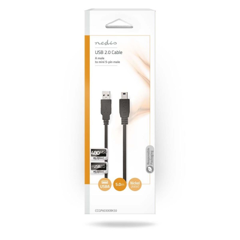 Nedis USB 2.0 Cable USB-A male - mini USB-B male 5m (CCGP60300BK50) (NEDCCGP60300BK50) Nedis USB 2.0 Cable USB-A male - mini USB-B male 5m (CCGP60300BK50) (NEDCCGP60300BK50)