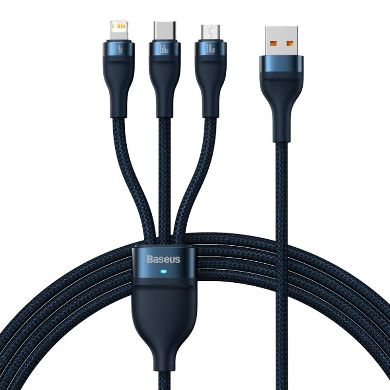 Baseus 3in1 USB Cable USB 3in1 Flash Series, USB-C + Micro + Lightning 66w, 1.2m Blue (CASS040003) (BASCASS040003) Baseus 3in1 USB Cable USB 3in1 Flash Series, USB-C + Micro + Lightning 66w, 1.2m Blue (CASS040003) (BASCASS040003)