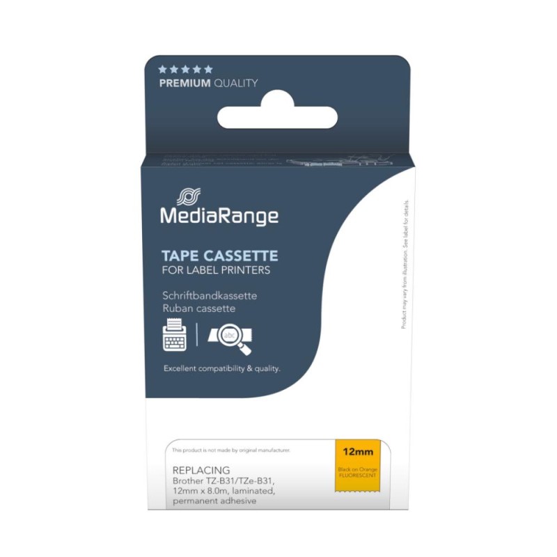 MediaRange Plastic Tape Cassette For Label Printers Using Brother TZ-b31/TZe-b31 12mm 8m Laminated Black On Fluorescent Orange (MRBTZB31) MediaRange Plastic Tape Cassette For Label Printers Using Brother TZ-b31/TZe-b31 12mm 8m Laminated Black On Fluorescent Orange (MRBTZB31)