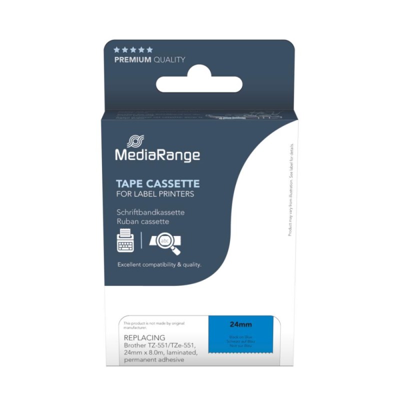 MediaRange Plastic Tape Cassette For Label Printers Using Brother TZ-551/TZe-551 24mm 8m Laminated Black On Blue (MRBTZ551) MediaRange Plastic Tape Cassette For Label Printers Using Brother TZ-551/TZe-551 24mm 8m Laminated Black On Blue (MRBTZ551)