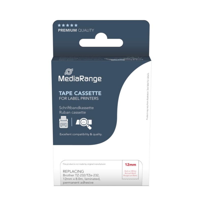 MediaRange Plastic Tape Cassette For Label Printers Using Brother TZ-232/TZe-232 12mm 8m Laminated Red On White (MRBTZ232) MediaRange Plastic Tape Cassette For Label Printers Using Brother TZ-232/TZe-232 12mm 8m Laminated Red On White (MRBTZ232)