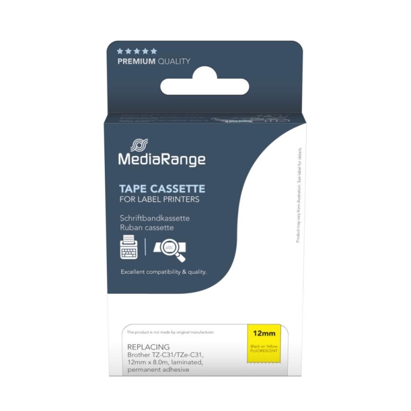 MediaRange Plastic Tape Cassette For Label Printers Using Brother TZ-c31/TZe-c31 12mm 8m Laminated Black On Fluorescent Yellow (MRBTZC31) MediaRange Plastic Tape Cassette For Label Printers Using Brother TZ-c31/TZe-c31 12mm 8m Laminated Black On Fluorescent Yellow (MRBTZC31)