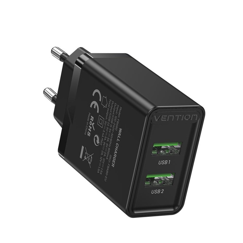 VENTION 2-Port USB (A+A) Wall Charger (18W/18W) EU Black (FBAB0-EU) (VENFBAB0-EU) VENTION 2-Port USB (A+A) Wall Charger (18W/18W) EU Black (FBAB0-EU) (VENFBAB0-EU)