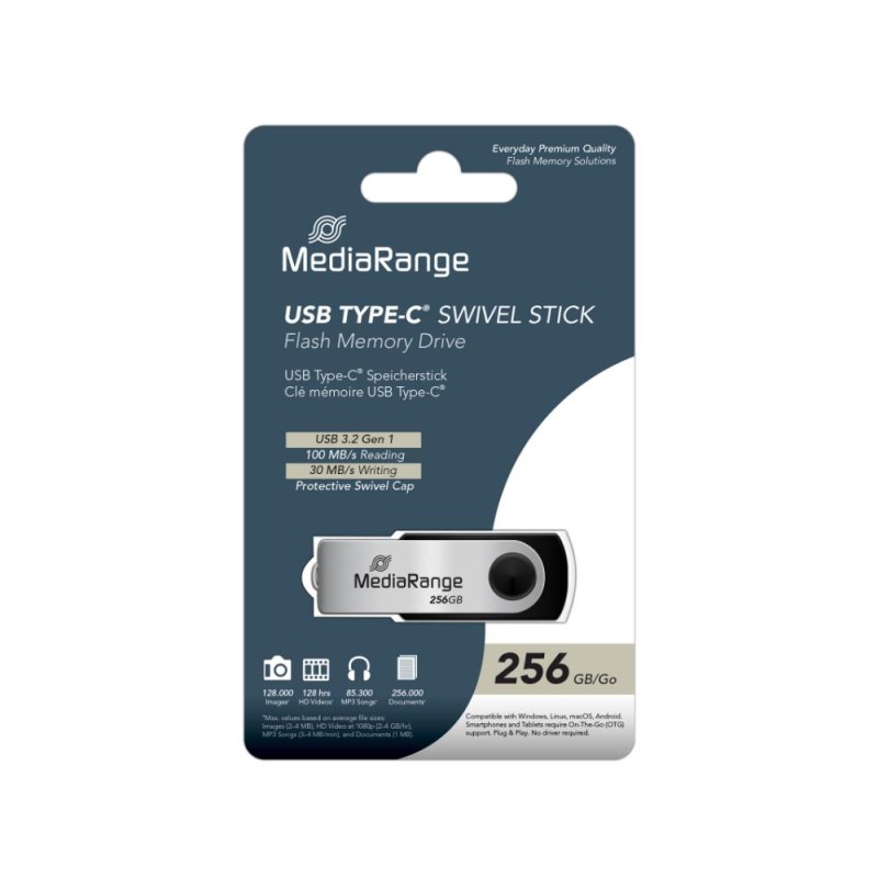 MediaRange USB 3.2 Gen1 Type-C® flash drive, 256GB (MR1955) MediaRange USB 3.2 Gen1 Type-C® flash drive, 256GB (MR1955)