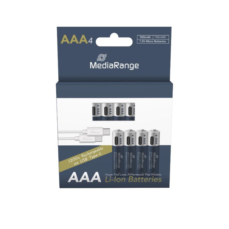 MediaRange Rechargeable USB-C Li-Ion Batteries, Micro AAA I 1.5V I 500mAh, 4-Pack (MRBAT160) MediaRange Rechargeable USB-C Li-Ion Batteries, Micro AAA I 1.5V I 500mAh, 4-Pack (MRBAT160)