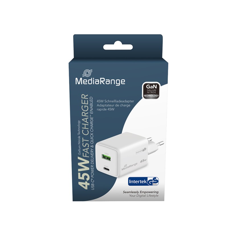 MediaRange 45W GaN Fast Charging Adapter (EU-Plug), 1x USB-C and 1x USB-A, USB-C® Power Delivery and Quick Charge enabled, White(MRMA113-2) MediaRange 45W GaN Fast Charging Adapter (EU-Plug), 1x USB-C and 1x USB-A, USB-C® Power Delivery and Quick Charge enabled, White(MRMA113-2)