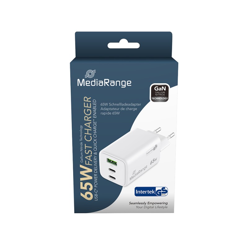 MediaRange 65W GaN Fast Charging Adapter (EU-Plug), 2x USB-C and 1x USB-A, USB-C® Power Delivery and Quick Charge enabled, White (MRMA116-2 MediaRange 65W GaN Fast Charging Adapter (EU-Plug), 2x USB-C and 1x USB-A, USB-C® Power Delivery and Quick Charge enabled, White (MRMA116-2