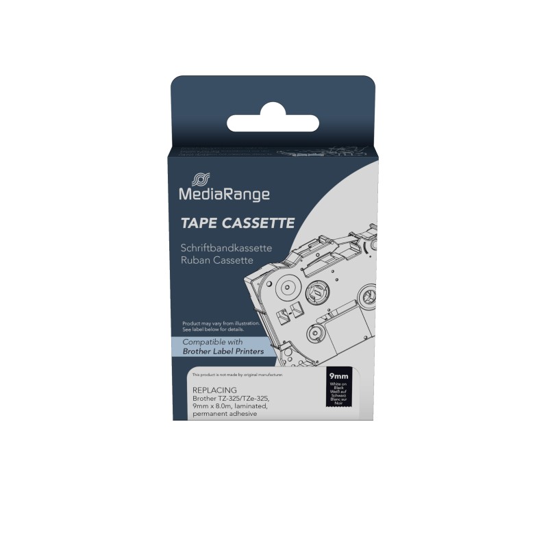 Ετικέτες Γενικής Χρήσης Mediarange (Brother TZ-325/TZe-325) 9mm, 8m, Laminated and Permanent Adhesive, White on Black (MRBTZ325)
