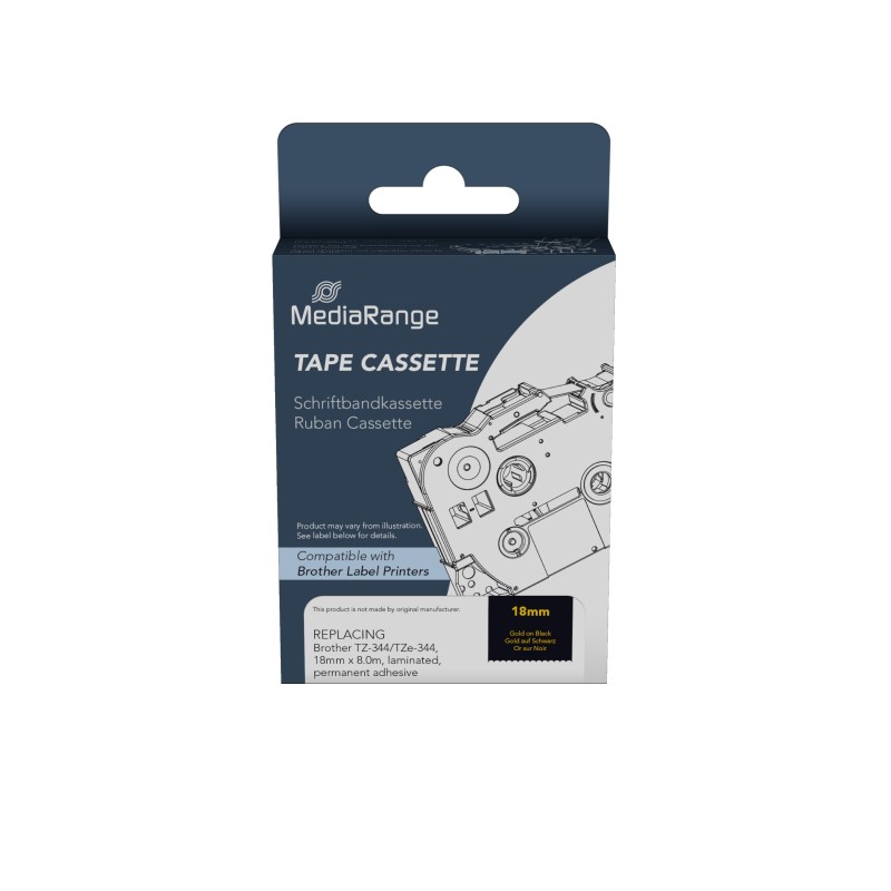 Ετικέτες Γενικής Χρήσης Mediarange (Brother TZ-344/TZe-344) 18mm, 8m, Laminated and Permanent Adhesive, Gold on Black (MRBTZ344)