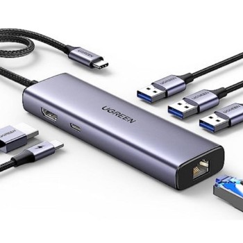 Ugreen Adapter 1w6 USB-C do 3x USB A 3.0 HDMI RJ45 PD Converter (15598) (UGR15598)
