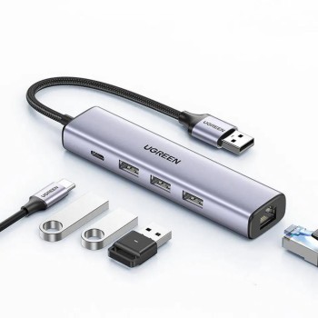 Ugreen 5in1 adapter USB-A to 3x USB 3.0 + RJ45 + USB-C gray (60554) (UGR60554)
