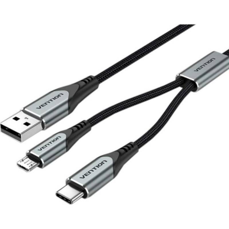 VENTION Nylon Braided USB 2.0 A Male to Type-C 3A & Micro B Male 2A Y-Splitter Cable 0.5M Gray Aluminum Alloy Type (CQGHD) (VENCQGHD)