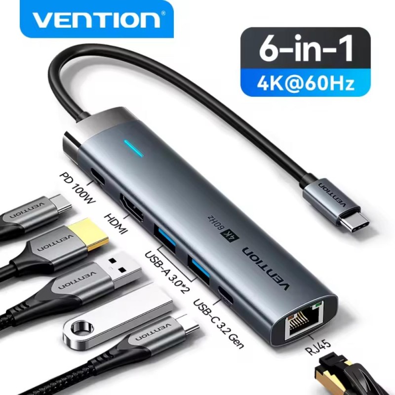 VENTION USB-C to HDMI/USB 3.2 Gen 1 Type-C/USB 3.0*2/RJ45/PD Docking Station 0.15M Gray Aluminum Alloy Type (TGNHB) (VENTGNHB)