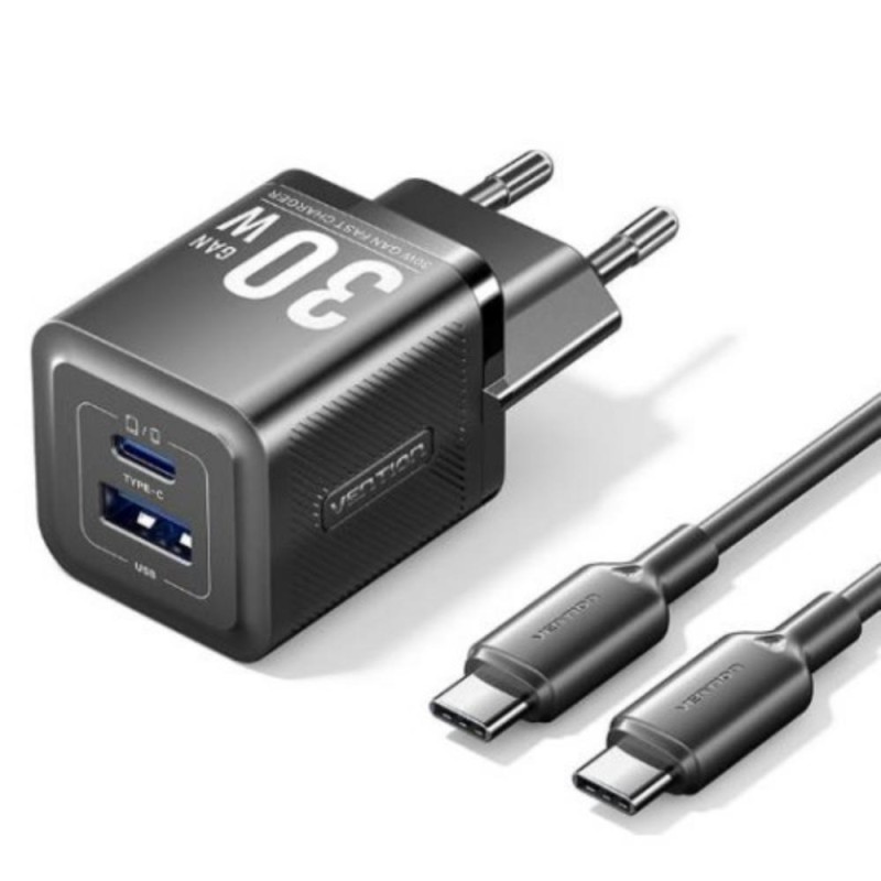 VENTION 2-Port USB (C + A) GaN Charger (30W/30W) with USB-C to USB-C Cable (1M) EU-Plug Black (TZ-FEQB0-EU-01) (VENTZ-FEQB0-EU-01)
