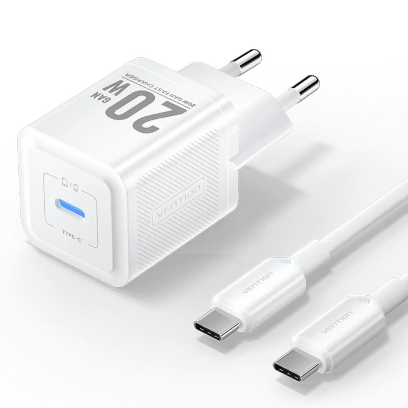 VENTION 1-Port USB-C GaN Charger (20W) with USB-C to USB-C Cable (1M) EU-Plug White (TZ-FEPW0-EU-01) (VENTZ-FEPW0-EU-01)