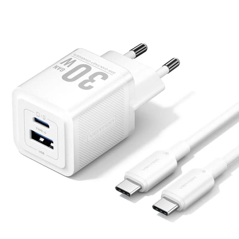 VENTION 2-Port USB (C + A) GaN Charger (30W/30W) with 3A USB-C to USB-C Cable (1M) EU-Plug White (TZ-FCEW0-EU) (VENTZ-FCEW0-EU)