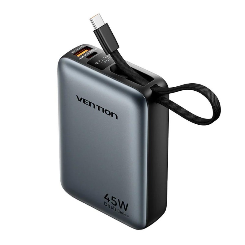 VENTION 20000mAh Mini Power Bank (USB-C + USB-C/USB-A) with Built-in USB-C Cable 45W Gray Universal Type (FHGH0-TY) (VENFHGH0-TY)