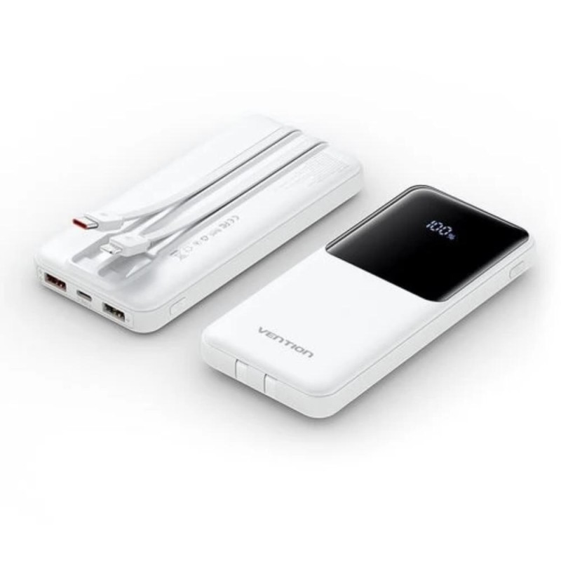 VENTION 10000mAh Power Bank (Micro-USB + USB-C + USB-A/USB-A) with Built-in USB-C and Lightning Cables 22.5W White LED Display Universal Type (FHOW0-TY) (VENFHOW0-TY)