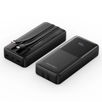 VENTION 20000mAh Power Bank (Micro-USB + USB-C + USB-A/USB-A) with Built-in USB-C and Lightning Cables 22.5W Black LED Display Universal Type (FHPB0-TY) (VENFHPB0-TY)
