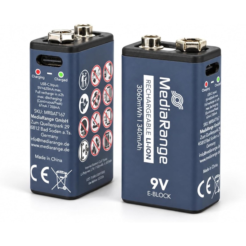 MEDIARANGE Rechargeable USB-C Li-Ion Batteries 9V E-Block 340mAh (2-Pack) (MRBAT167) (MRBAT167)