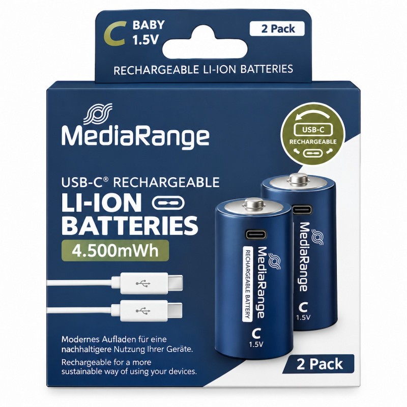 MEDIARANGE Rechargeable USB-C Li-Ion Batteries C Baby 1.5V 3000mAh (2-Pack) (MRBAT168) (MRBAT168)