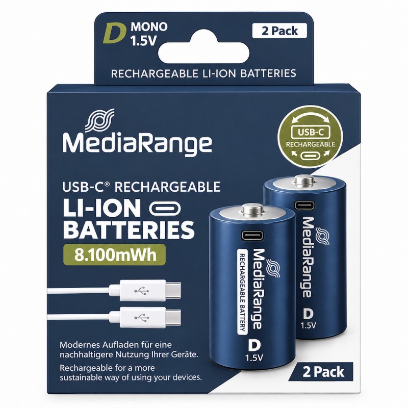 MEDIARANGE Rechargeable USB-C Li-Ion Batteries D Mono 1.5V 5400mAh (2-Pack) (MRBAT169) (MRBAT169)