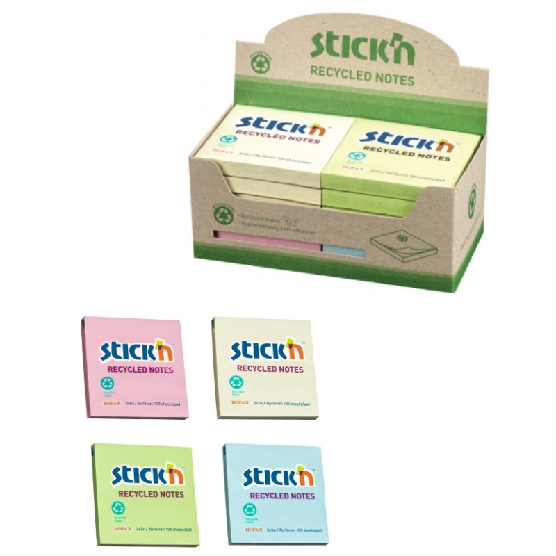 ΧΑΡΤΑΚΙΑ Stick'N RECYCLED 76Χ76 100Φ (πακέτο 12 τεμ / 4 χρωμ)