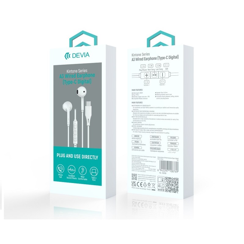 ΑΚΟΥΣΤΙΚΑ EARPHONE DEVIA KINTONE A3 USB-C WHITE