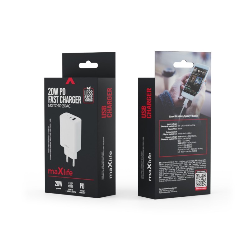 ΦΟΡΤΙΣΤΗΣ ΤΑΞΙΔΙΟΥ MAXLIFE MXTC-10 USB A + USB C PD 20W WHITE