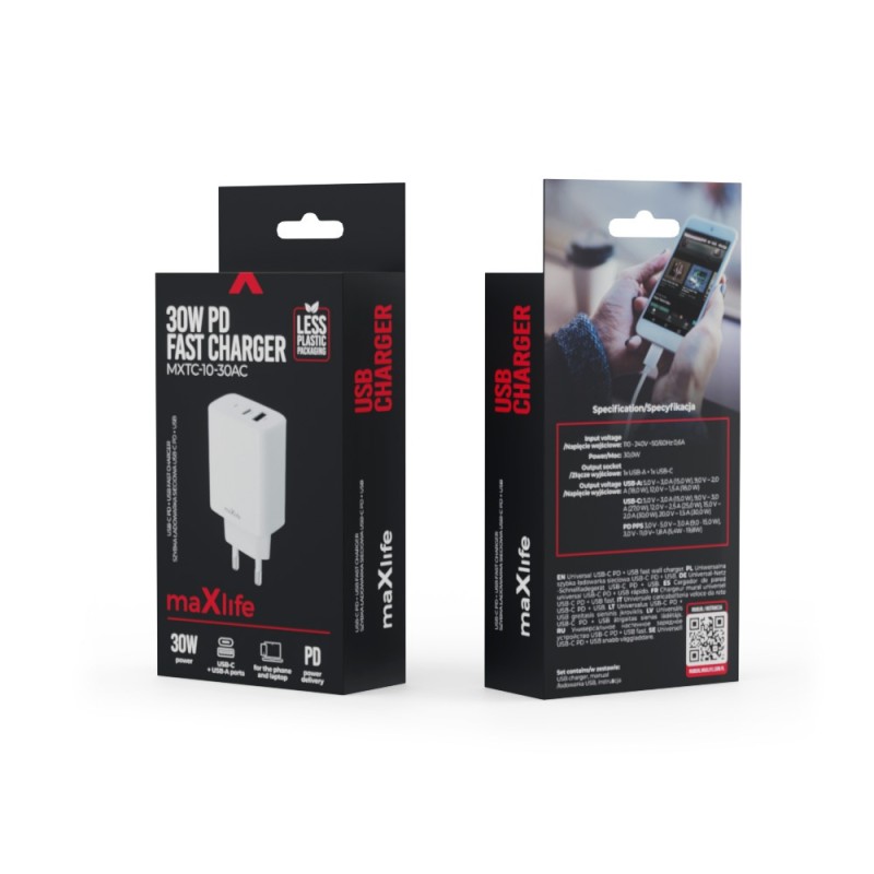 ΦΟΡΤΙΣΤΗΣ ΤΑΞΙΔΙΟΥ MAXLIFE MXTC-10 -30AC USB A + USB C PD 30W WHITE
