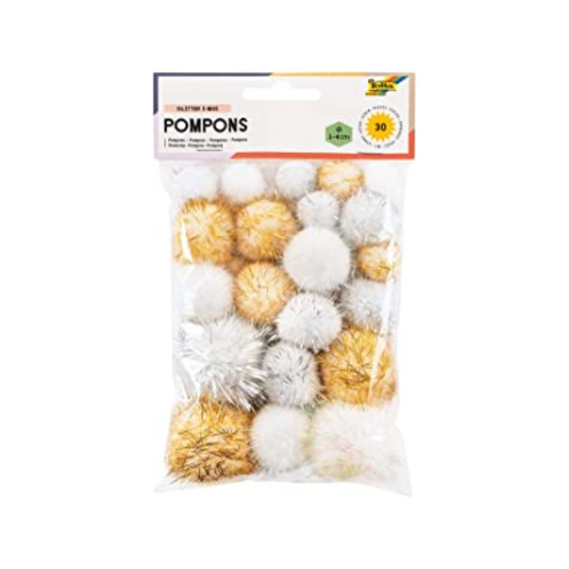 ΠΟΜ-ΠΟΜ POM-POM FOLIA GLITTER (Χρυσό-ασημί-Λευκό) 30τεμ. (1-4cm)