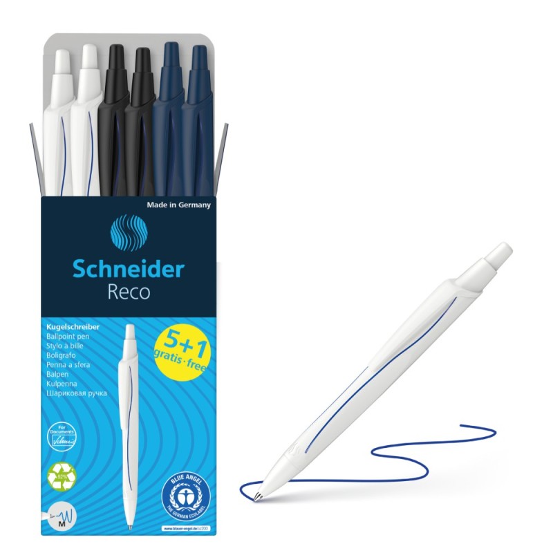 ΣΤΥΛΟ SCHNEIDER RECO ΑΥΤΟΜΑΤΟ ΜΠΛΕ (κουτί 6 τεμ /3χρώματα) ΣΕΤ 5+1 ΔΩΡΟ