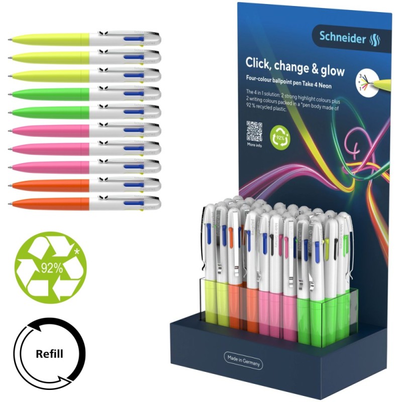 ΒΙΤΡΙΝΑ ΣΤΥΛΟ SCHNEIDER TAKE 4 (τετράχρωμο neon στέλεχος (stand 36τεμ.)